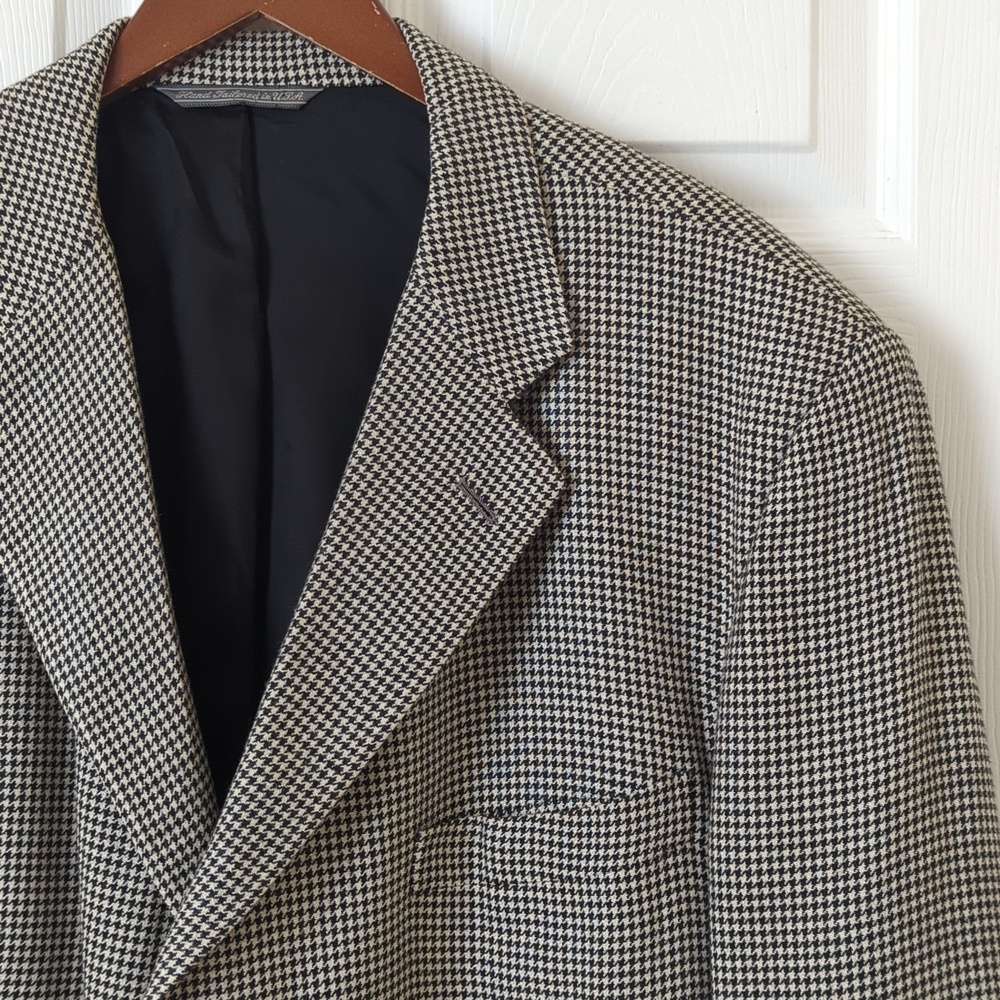 Neiman Marcus 90's Vintage Union Made Houndstooth Blazer Jacket Cream Black 48R - Picture 3 of 15